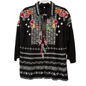 NEW AK Medium Shirt Black 3/4 Sleeve V-Neck Multicolor Embroidered Colared
